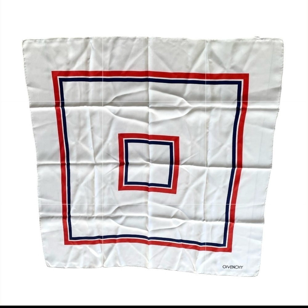 GIVENCHY France Silk Square Scarf Soie Bonwit Teller White Red Blue